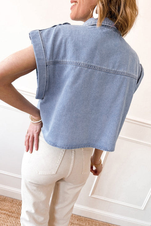 Vintage Pinup Folded Cap Sleeve Denim Shirt