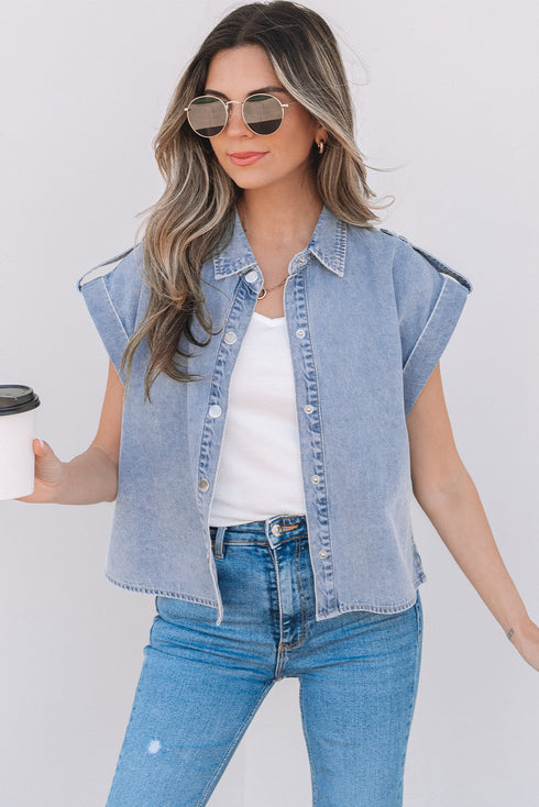 Vintage Pinup Folded Cap Sleeve Denim Shirt