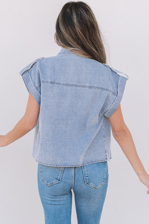 Vintage Pinup Folded Cap Sleeve Denim Shirt
