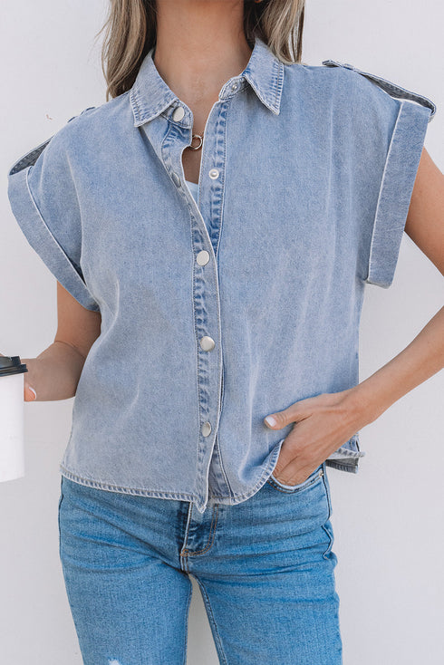Vintage Pinup Folded Cap Sleeve Denim Shirt