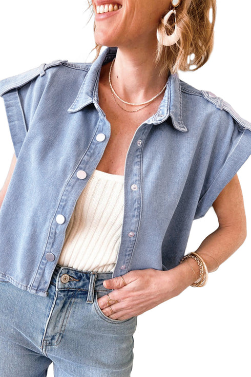 Vintage Pinup Folded Cap Sleeve Denim Shirt