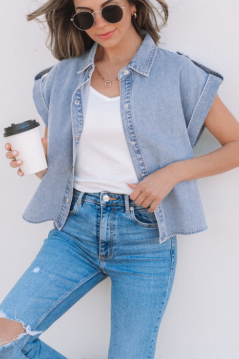 Vintage Pinup Folded Cap Sleeve Denim Shirt