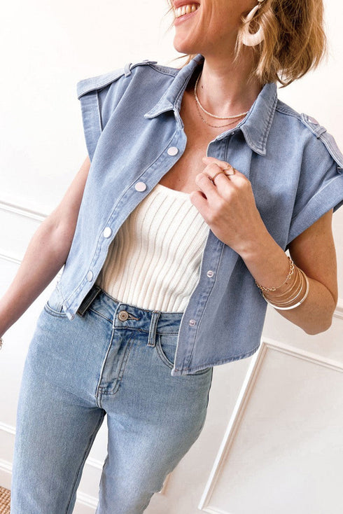 Vintage Pinup Folded Cap Sleeve Denim Shirt