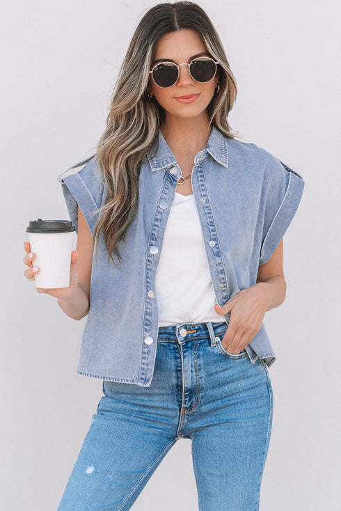 Vintage Pinup Folded Cap Sleeve Denim Shirt