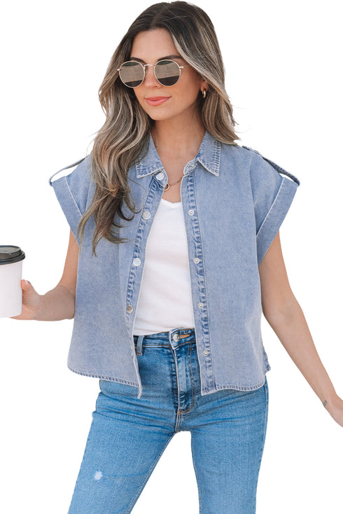 Vintage Pinup Folded Cap Sleeve Denim Shirt