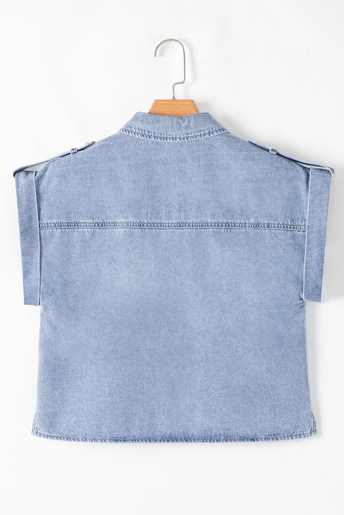 Vintage Pinup Folded Cap Sleeve Denim Shirt