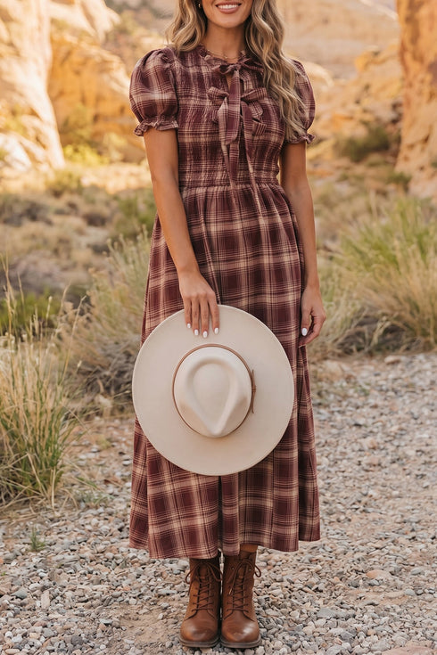 Vintage Plaid Knot Front Smocked High Waist Midi Dress
