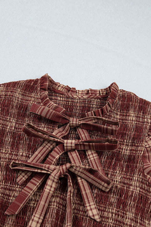 Vintage Plaid Knot Front Smocked High Waist Midi Dress