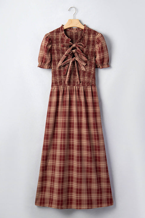 Vintage Plaid Knot Front Smocked High Waist Midi Dress