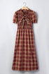 Vintage Plaid Knot Front Smocked High Waist Midi Dress