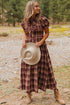 Vintage Plaid Knot Front Smocked High Waist Midi Dress