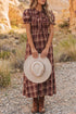 Vintage Plaid Knot Front Smocked High Waist Midi Dress