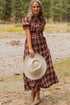 Vintage Plaid Knot Front Smocked High Waist Midi Dress
