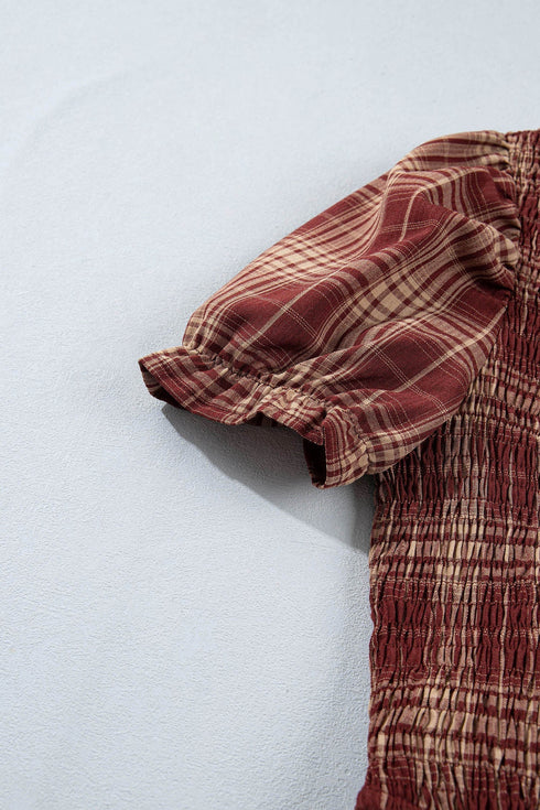 Vintage Plaid Knot Front Smocked High Waist Midi Dress
