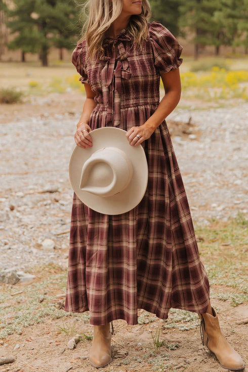 Vintage Plaid Knot Front Smocked High Waist Midi Dress