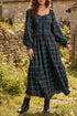Vintage Plaid Square Neck Lace Trim Long Sleeve Shift Maxi Dress