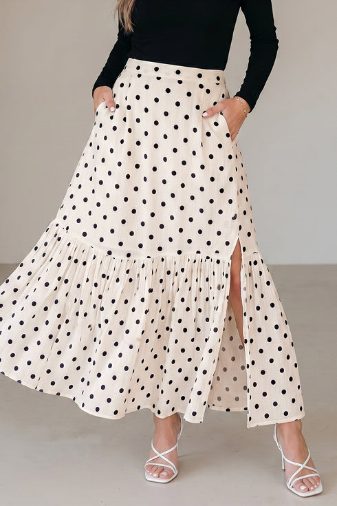Vintage Polka Dot Print Ruffled Slit Maxi Skirt