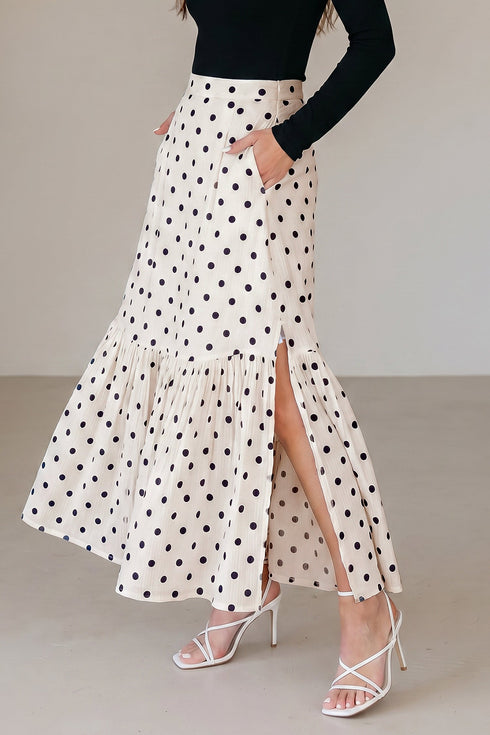 Vintage Polka Dot Print Ruffled Slit Maxi Skirt