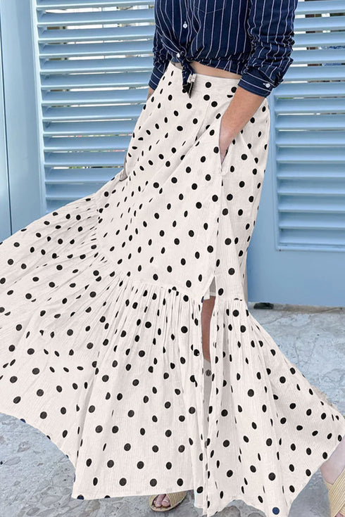 Vintage Polka Dot Print Ruffled Slit Maxi Skirt
