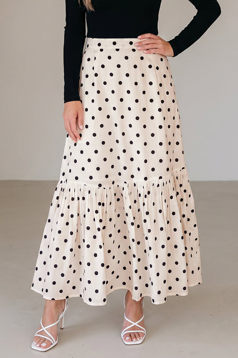 Vintage Polka Dot Print Ruffled Slit Maxi Skirt