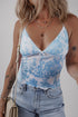 Vintage Print Mesh Fitted Lettuce Edge Halter Top