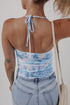 Vintage Print Mesh Fitted Lettuce Edge Halter Top