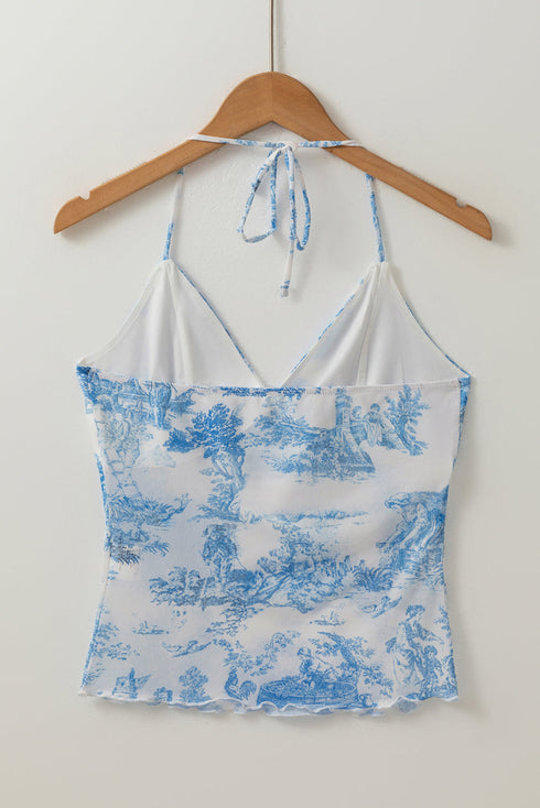 Vintage Print Mesh Fitted Lettuce Edge Halter Top