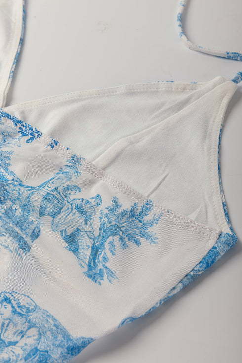 Vintage Print Mesh Fitted Lettuce Edge Halter Top