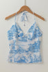 Vintage Print Mesh Fitted Lettuce Edge Halter Top