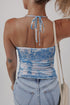 Vintage Print Mesh Fitted Lettuce Edge Halter Top