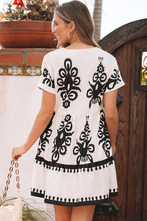 Vintage Print V Neck High Waist Short Sleeve Dress