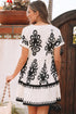 Vintage Print V Neck High Waist Short Sleeve Dress