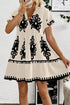 Vintage Print V Neck High Waist Short Sleeve Dress