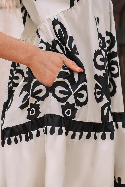 Vintage Print V Neck High Waist Short Sleeve Dress