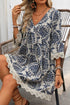 Vintage Printed Lace Trim V Neck 3/4 Sleeve Loose Dress