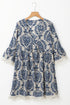 Vintage Printed Lace Trim V Neck 3/4 Sleeve Loose Dress