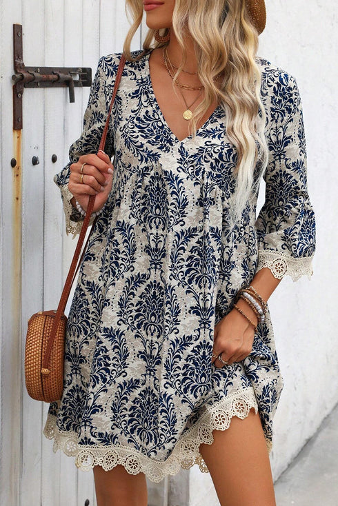 Vintage Printed Lace Trim V Neck 3/4 Sleeve Loose Dress