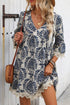 Vintage Printed Lace Trim V Neck 3/4 Sleeve Loose Dress