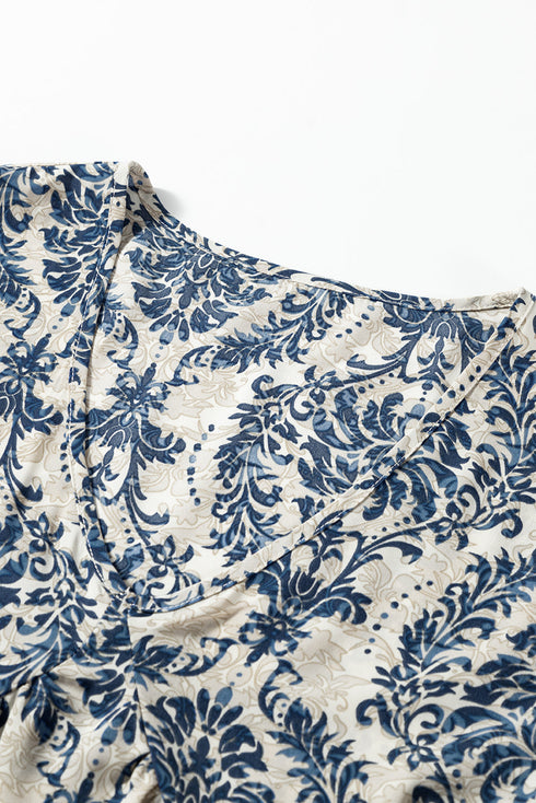 Vintage Printed Lace Trim V Neck 3/4 Sleeve Loose Dress