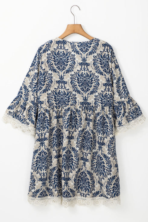 Vintage Printed Lace Trim V Neck 3/4 Sleeve Loose Dress