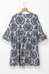 Vintage Printed Lace Trim V Neck 3/4 Sleeve Loose Dress