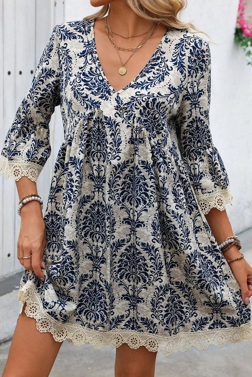 Vintage Printed Lace Trim V Neck 3/4 Sleeve Loose Dress