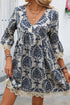 Vintage Printed Lace Trim V Neck 3/4 Sleeve Loose Dress
