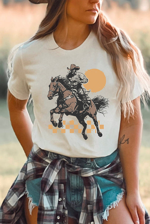 Vintage Rodeo Cowboy Sunset Graphic Print Western Tee Shirt