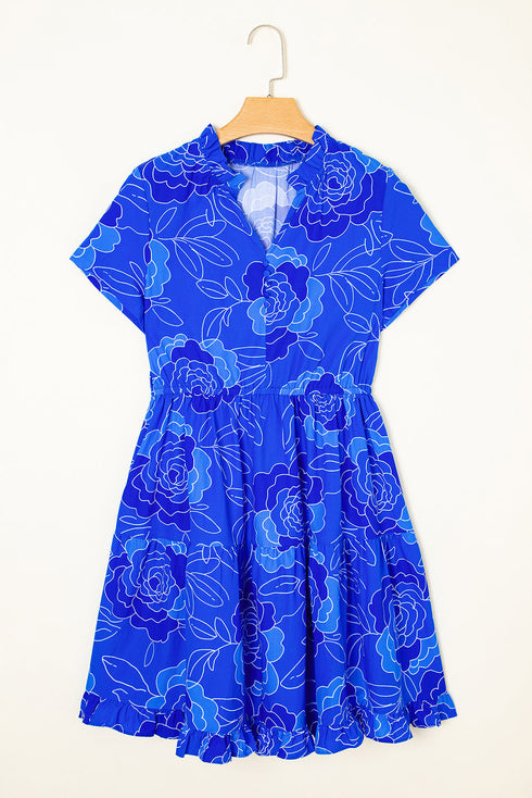 Vintage Ruffled Hem Flowy Short Sleeve Floral Dress