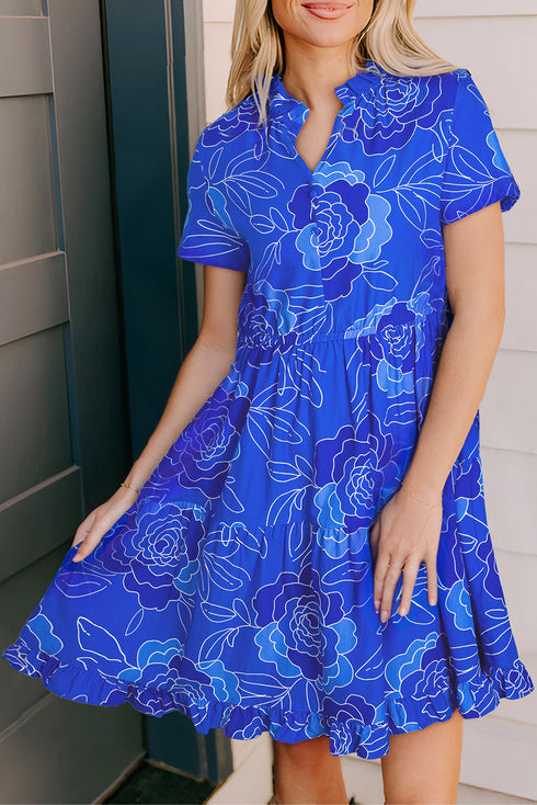 Vintage Ruffled Hem Flowy Short Sleeve Floral Dress