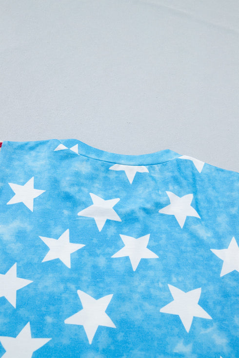 Vintage Star Print Striped Ruffle Sleeve Patchwork Top