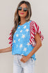 Vintage Star Print Striped Ruffle Sleeve Patchwork Top