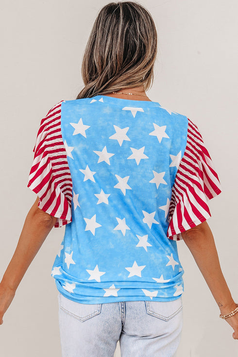 Vintage Star Print Striped Ruffle Sleeve Patchwork Top