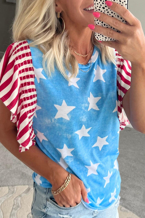 Vintage Star Print Striped Ruffle Sleeve Patchwork Top